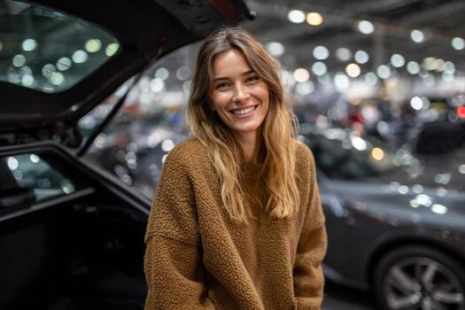 un mujer es en pie en frente de un coche con el maletero abierto foto