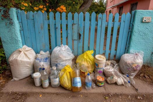 A blue fence with a blue gate and a bunch of garbage photo