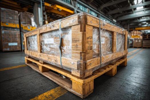 A large wooden crate sitting on a pallet in a warehouse photo