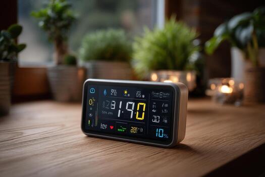 un digital reloj en un mesa en frente de un ventana foto