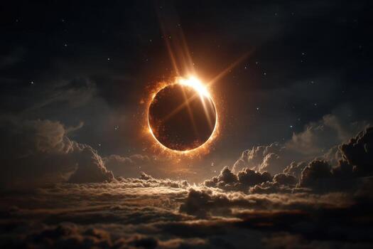 The eclipse is seen in the sky above clouds photo