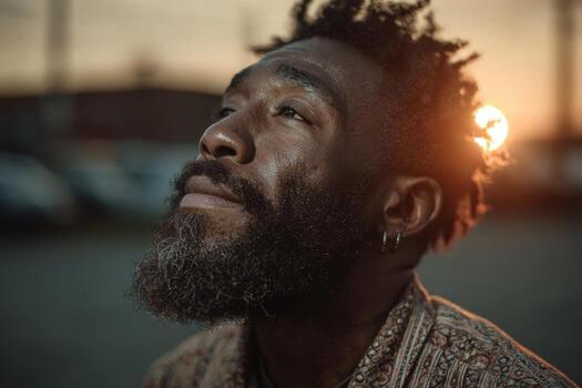 A man with a beard and dreadlocks looking up photo