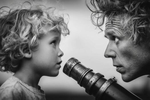 A man and a child looking at a telescope photo