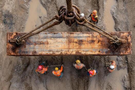 A group of construction workers are working on a large piece of metal photo