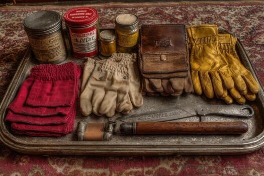 A tray with gloves, a tin of paint, and a pair of scissors photo