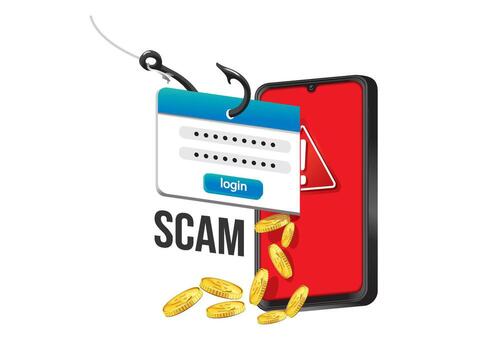 Illustration of smartphone displaying a phishing scam warning with password input field and falling coins. Security concept vector