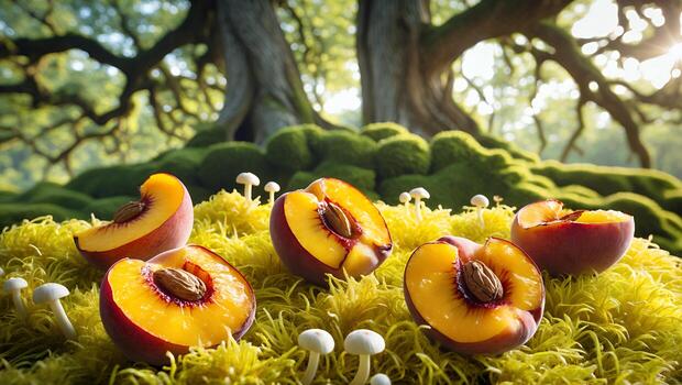 Halved Peaches on Mossy Ground with Mushrooms in Forest Setting photo