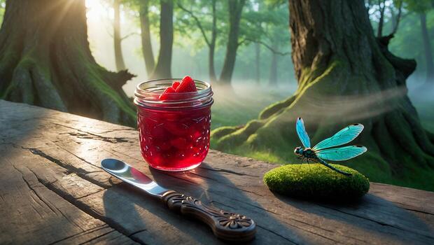Raspberry Preserve and Dragonfly in Forest Sunlight Still Life photo