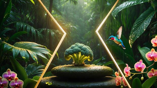 Broccoli and Hummingbird in a Lush Tropical Forest Scene photo