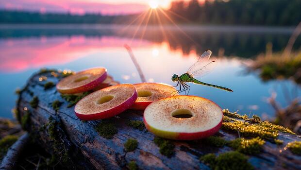 Dragonfly Resting on Apple Slices by Lake at Sunset photo