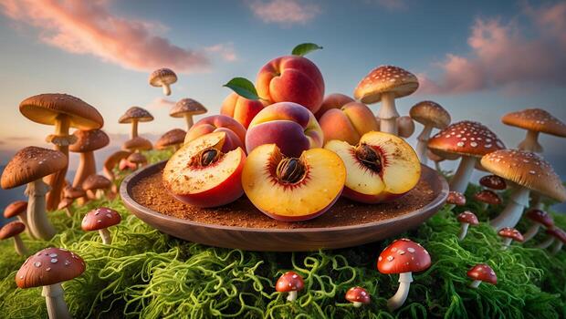 Peaches on Plate with Mushrooms Growing in Green Moss Setting photo