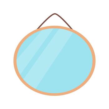 Mirror in simple flat cartoon style with beige frame and blue glass surface with reflections. vector