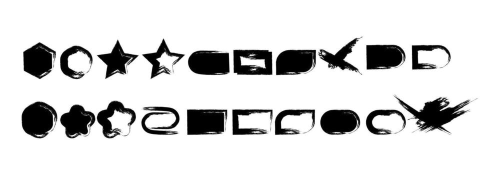 colección de mano dibujado cepillo carrera formas en grunge estilo. artístico negro tinta diseño elementos incluso estrellas, círculos, hexágonos, rectángulos, y resumen formularios Perfecto para social medios de comunicación gráficos. vector