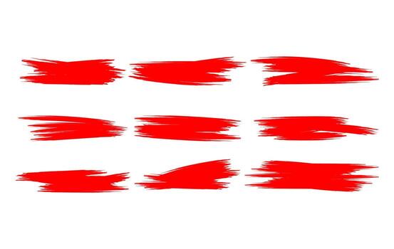 A set of red paint brush strokes, digitally rendered on a clean white background. Each stroke is unique, with a dry brush texture, perfect for posters, digital artwork, or abstract design backgrounds. vector