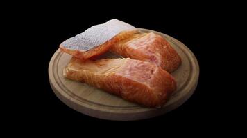 Schleifen Animation um ein Komposition von Lachs Lügen auf ein hölzern Tafel. Schleife Bewegung. Alpha Kanal. video