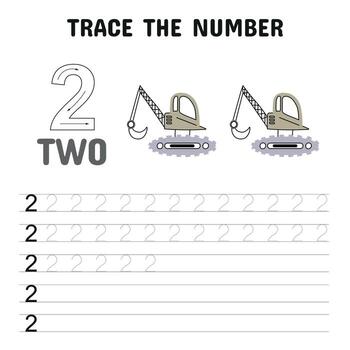 Educational tracing worksheet for kids featuring the number 2 with two construction excavators, designed for early handwriting and counting practice. vector