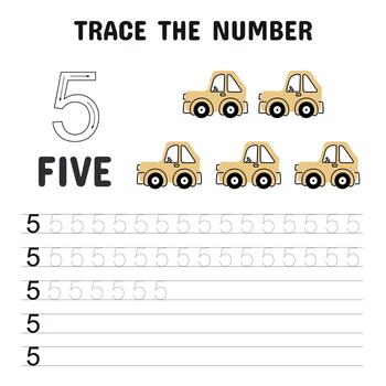 Number 5 tracing worksheet for young learners featuring five yellow cars, designed to build early counting and handwriting skills through engaging visual practice. vector