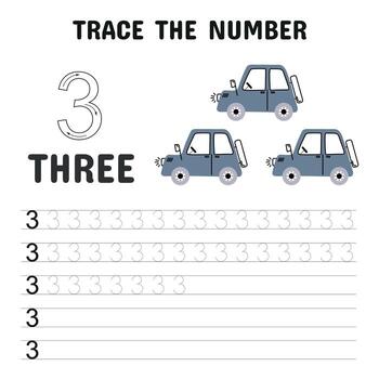 número 3 rastreo hoja de cálculo para niños con Tres pequeño carros, diseñado a apoyo temprano contando habilidades y escritura desarrollo en un divertido, atractivo forma. vector
