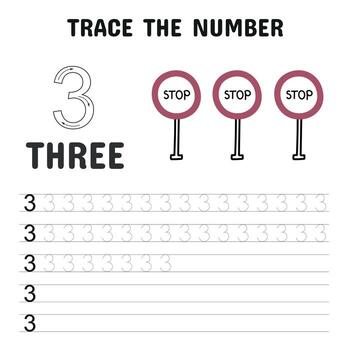 divertido número rastreo hoja de cálculo para niños presentando el número 3 y Tres detener señales, diseñado a construir temprano escritura y contando habilidades en un atractivo visual formato. vector