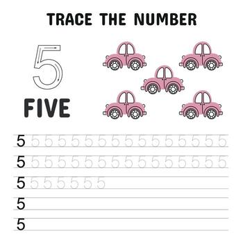 número rastreo hoja de cálculo presentando el número 5 5 y cinco rosado carros. Perfecto para Ayudar niños práctica escritura números y contando objetos en un divertido, visual forma. vector