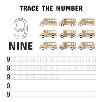 atractivo número rastreo hoja de cálculo para niños presentando el número 9 9 y nueve beige colegio autobuses apoyos contando y escritura desarrollo en temprano aprendices vector