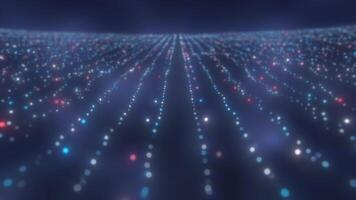 Sombrio campo do brilhando azul, vermelho, e branco luz pontos alinhado dentro vertical trajetórias com uma digital profundidade efeito video