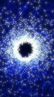 Digital network of glowing blue nodes and connections forming a vortex-like structure in deep space video