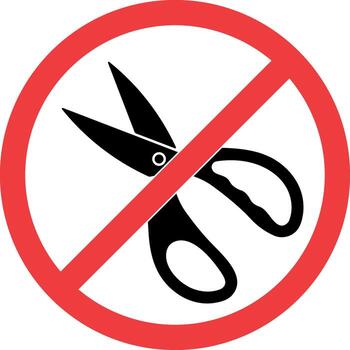 Black icon of scissors inside a red prohibition circle without background vector