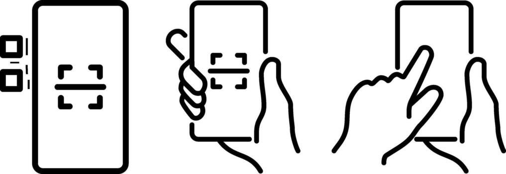 qr código exploración icono conjunto mano participación teléfono código de barras escáner línea estilo ilustración para pagar web móvil aplicación vector