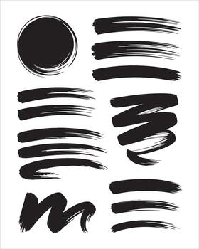Collection of Expressive Black Brush Strokes Artistic Elements Featuring Circular, Linear, and Curving Designs for Creative Projects vector