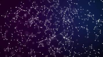 Looping animation of glowing dots and connecting lines forming a dynamic network mesh on a purple-blue gradient background, ideal for tech or digital concepts. video
