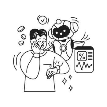 ilustración de un alegre hombre interactuando con un contento artificial inteligencia asistente. comprometido en teléfono inteligente comunicación. caracteristicas un flujo de trabajo cuadro, simbolizando eficiencia y tecnología. vector