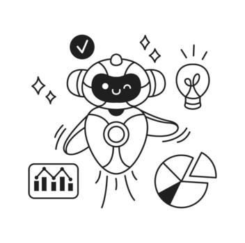 juguetón ilustración de un adorable artificial inteligencia rodeado por gráficos y ideas monocromo estilo Destacar analítica y innovación. Perfecto para tecnología y educación temas vector