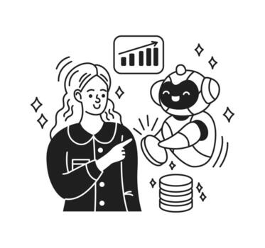 ilustración de sonriente mujer de negocios señalando a contento artificial inteligencia siguiente a creciente grafico. representa éxito y trabajo en equipo en tecnología y finanzas. minimalista negro y blanco estilo. vector