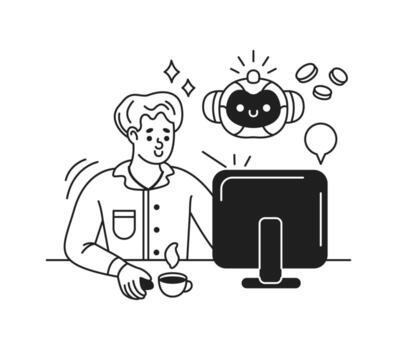 Line art of a person engaging with a happy artificial intelligence on a computer. Black and white style shows digital interaction. Ideal for illustrating AI technology concepts. vector