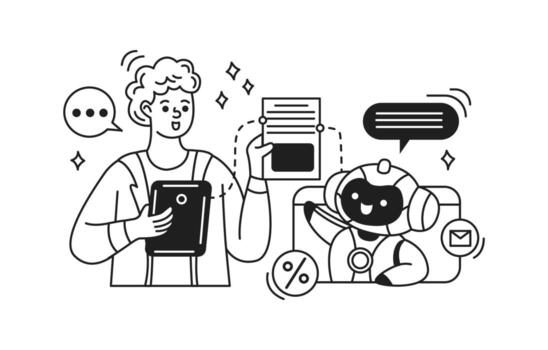Line art illustration of person happily using digital device next to friendly artificial intelligence. The image depicts modern technology interaction with cheerful expressions. vector