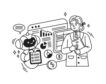 illustration of a smiling artificial intelligence and professional analyst collaborating on data analysis. Black and white design with graphs and charts emphasizing teamwork. vector