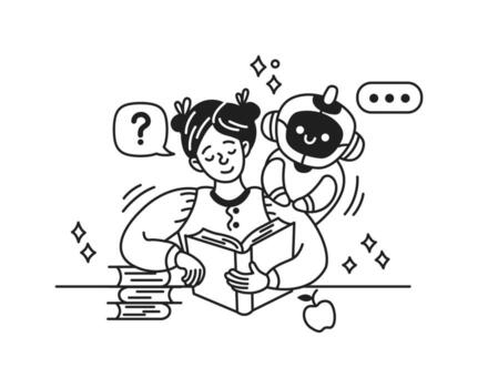 Illustration of a girl with a book and a artificial intelligence, in a playful and educational setting. Black and white style, suitable for learning themes. Perfect for educational content. vector