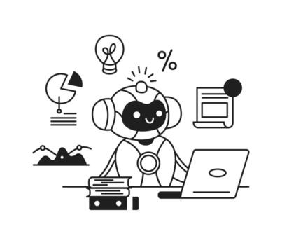Illustration of a smiling artificial intelligence engaging with data on a laptop. Monochrome style with icons like charts and lightbulbs. Represents technology and analytics. vector