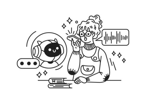 Illustration of a person interacting with a cheerful artificial intelligence. Monochrome line art depicting conversation via mobile phone. Educational and futuristic theme. vector