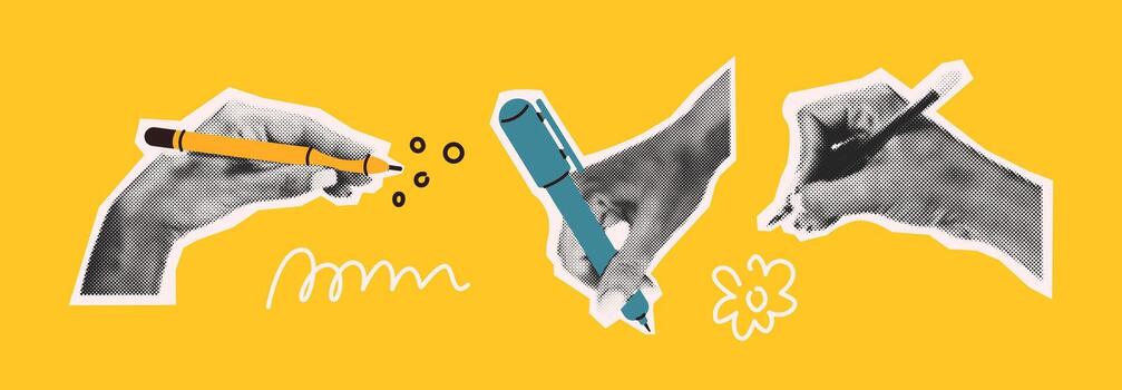 Illustration of three hands using different writing tools with a retro style. Black and white arms against a vibrant yellow background. Creative and artistic theme. vector