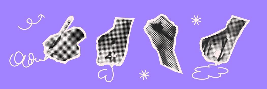 Graphic illustration of hands drawing in abstract style on purple backdrop. Monochrome hands with dynamic lines evoke creativity and artistic expression. vector