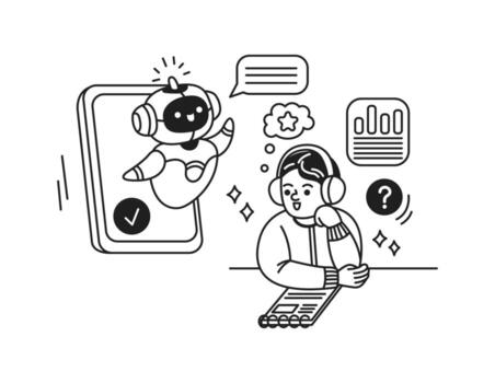 illustration of a student studying with help from a artificial intelligence assistant. The artificial intelligence is cheerful and appears from a smartphone screen. Black and white line art vector