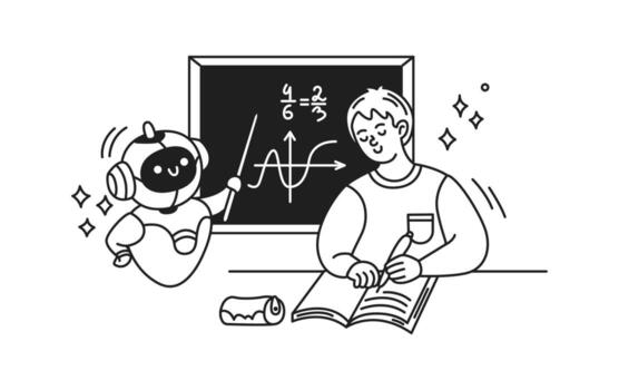 artificial intelligence instructs student on math equation with blackboard in background. Cartoon style, monochrome illustration showing educational interaction and learning. vector