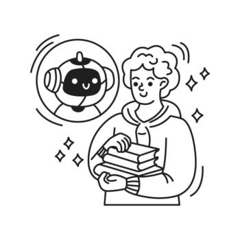 Black and white illustration of a happy student holding books. A smiling artificial intelligence appears in a thought bubble. Simple line art conveys learning and technology themes. vector