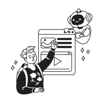 ilustración de un sonriente persona interactuando con digital contenido asistido por un alegre artificial inteligencia en monocromo estilo. futurista tecnología y colaboración tema. vector