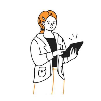 Doodle illustration of a person engaging with a digital tablet. The character displays a thoughtful expression, interacting in a simple style, with a plain background. vector