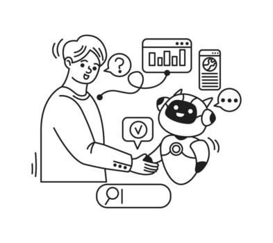 Illustration of a human shaking hands with a artificial intelligence in black and white. Represents technology and communication. Clean and minimalist style against a plain background. vector