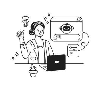 Black and white illustration showing a woman interacting with an AI chatbot. Her expression is positive, symbolizing successful technology use. Simple and modern design. vector