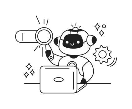 Adorable artificial intelligence character holding a magnifying glass symbolizing search and discovery. Set against a simple white background with technical elements. vector